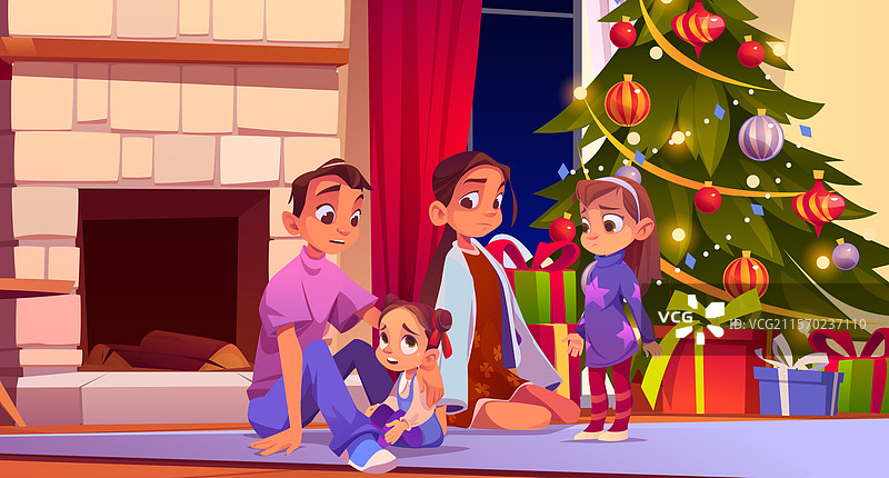 失落的孩子们坐在客厅的地板上过圣诞节图片素材