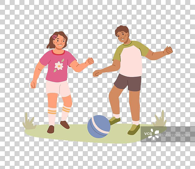 孩子们在草地上玩球，男孩和女孩。图片素材