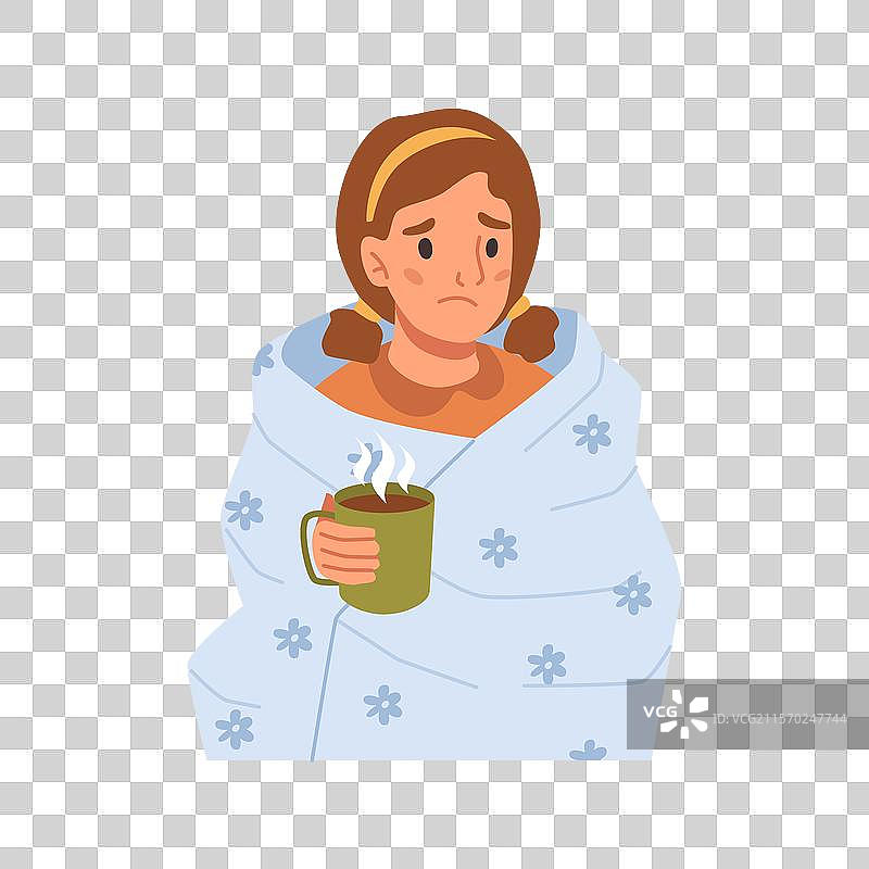 发烧女孩喝热饮，感冒症状图片素材