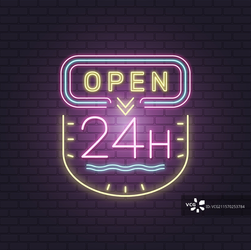 五彩缤纷的24小时营业霓虹灯标志图片素材