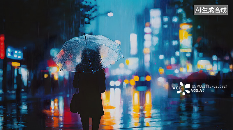 【AI数字艺术】晚上在城里撑伞的年轻女子图片素材