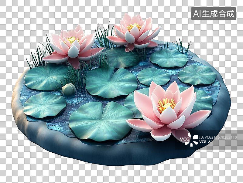 【AI数字艺术】粉色莲花与荷叶的池塘图片素材