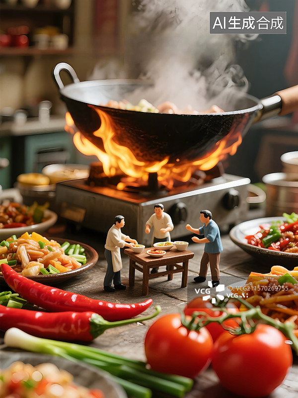 【AI数字艺术】几个微距小人厨师被巨大蔬菜围绕，讨论菜肴的制作，海报设计背景图片素材