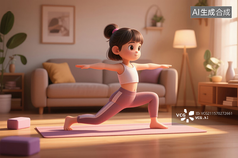 【AI数字艺术】温馨客厅中的瑜伽小女孩图片素材
