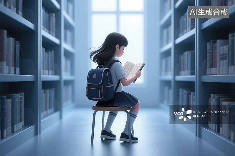 【AI数字艺术】图书馆里的小女孩图片素材