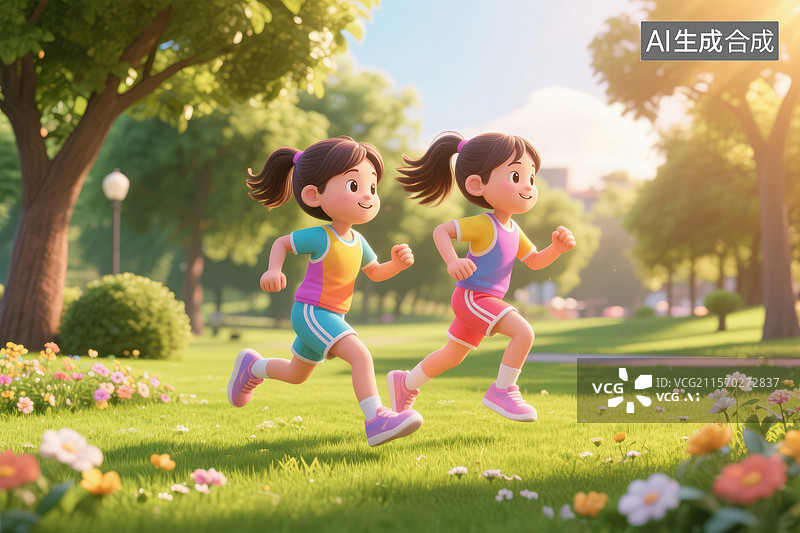 【AI数字艺术】公园里奔跑的卡通女孩图片素材