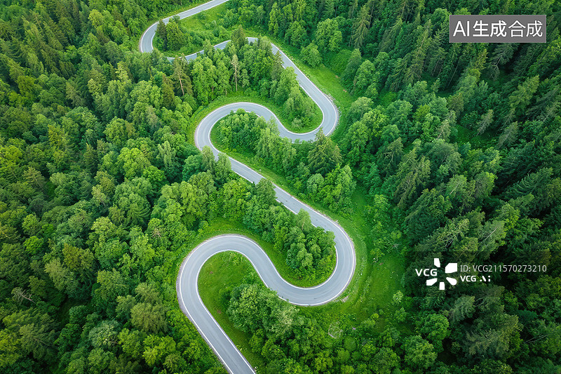 【AI数字艺术】蜿蜒山路穿梭绿林图片素材