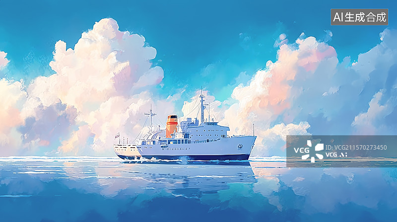 【AI数字艺术】海上轮船蓝天云朵唯美水彩动漫插画图片素材