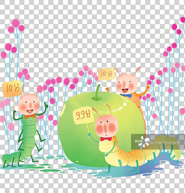 免抠元素 PNG动物插画 给苹果打分的评委虫子图片素材
