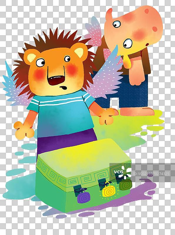 免抠元素 PNG动物插画 站在保险箱子边的狮子和河马图片素材
