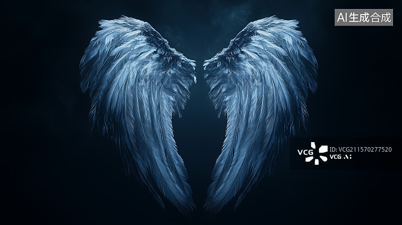 【AI数字艺术】黑色背景上孤立的天使翅膀，细致的羽毛纹理，柔和的背光营造空灵氛围图片素材