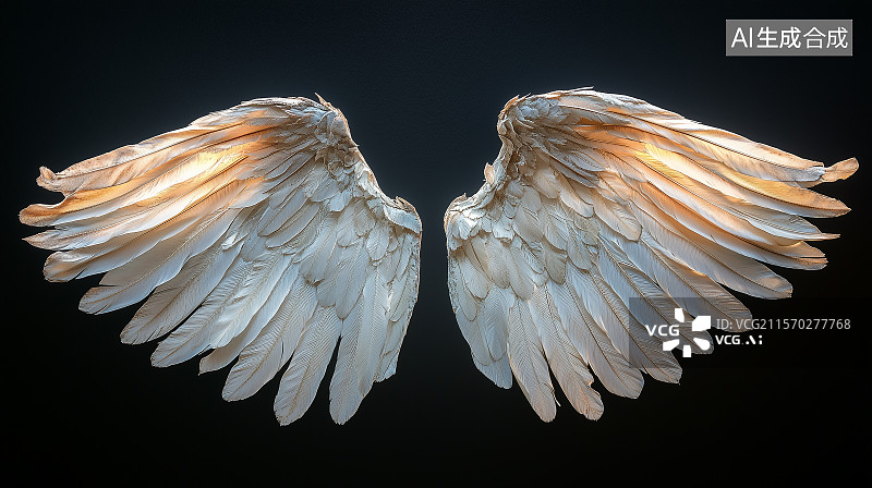 【AI数字艺术】黑色背景上孤立的天使翅膀，细致的羽毛纹理，柔和的背光营造空灵氛围图片素材