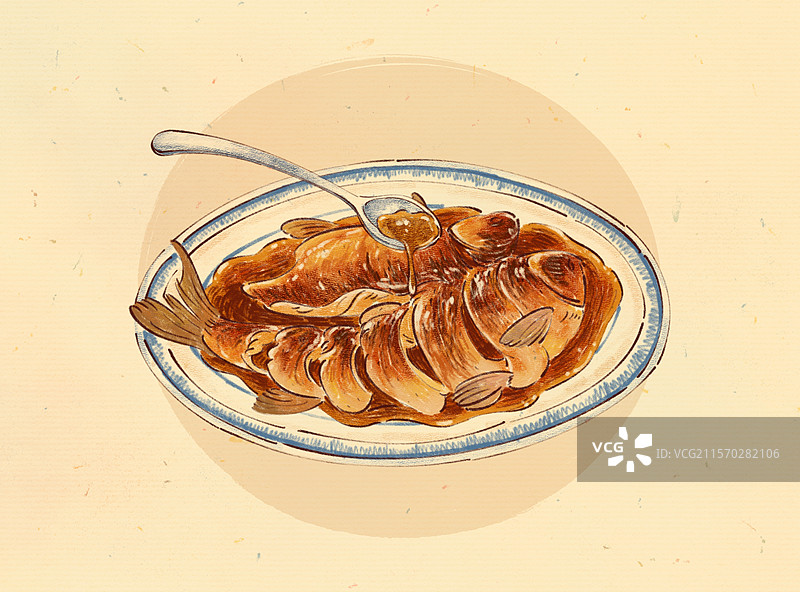 手绘浙江省杭州传统美食西湖醋鱼插画图片素材
