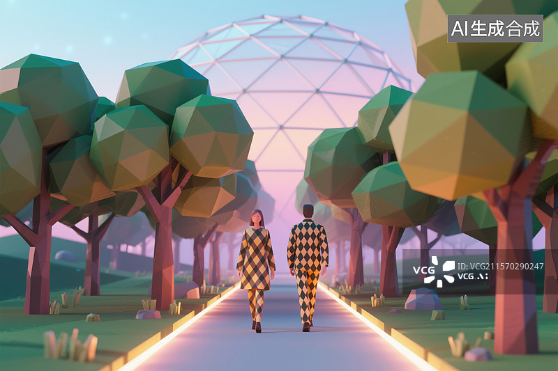 【AI数字艺术】低多边形奇幻之旅：几何世界中的漫步图片素材