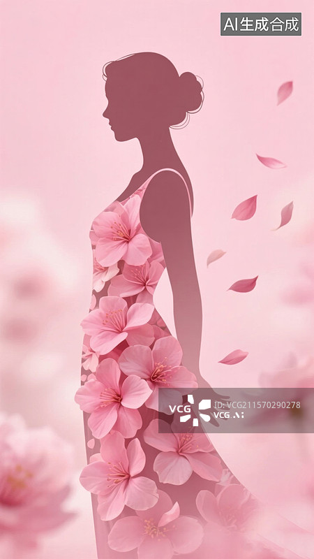 【AI数字艺术】粉色花瓣装饰的女性剪影图片素材
