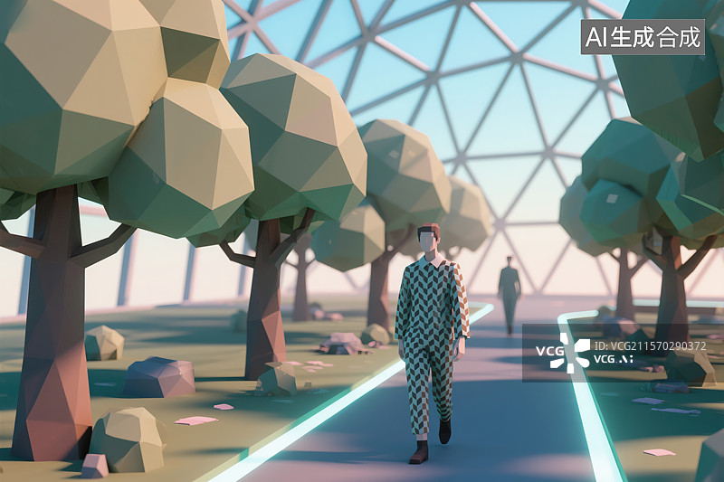 【AI数字艺术】低多边形奇幻之旅：几何世界中的漫步图片素材