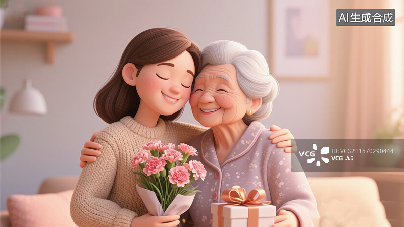 【AI数字艺术】年轻女子拥抱年长女性并赠送花束和礼物图片素材