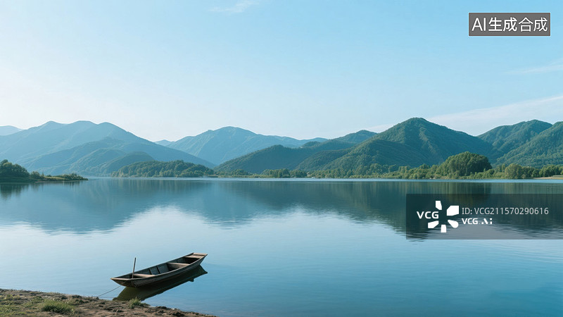 【AI数字艺术】湖边的小船与远山图片素材