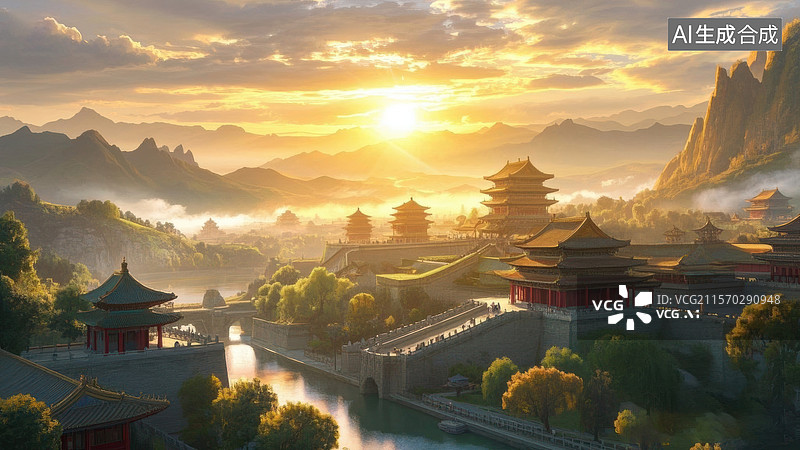 【AI数字艺术】日出时分的古代建筑群图片素材