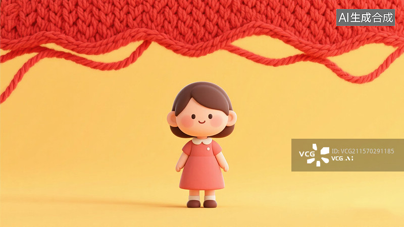 【AI数字艺术】卡通女孩站在红色编织背景前图片素材