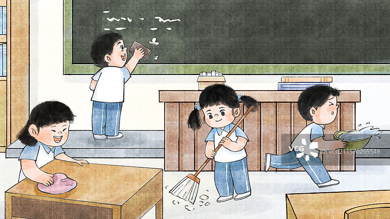 手绘水墨小学生在教室里面打扫卫生场景插画图片素材