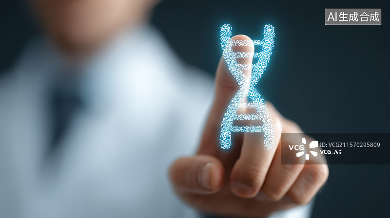 【AI数字艺术】基因工程主题背景——一个人的手指着一段DNA图片素材