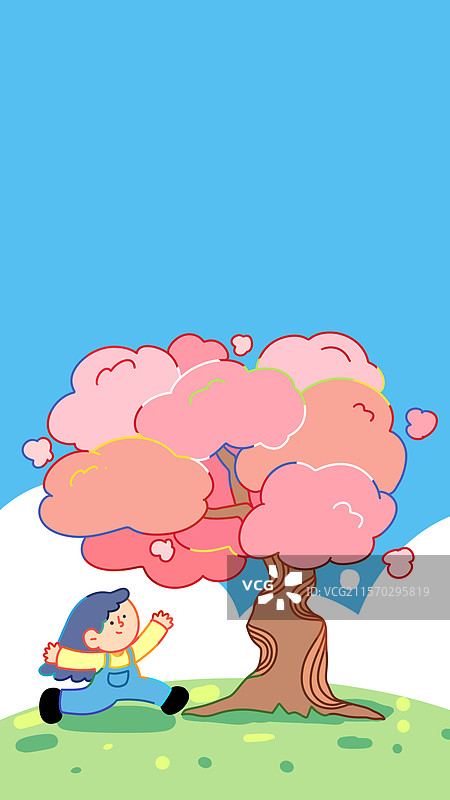 春天樱花树下小女孩扁平插画手机壁纸图片素材