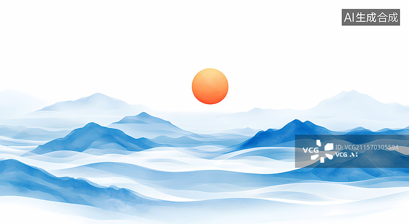 【AI数字艺术】水墨山河日出东方图片素材