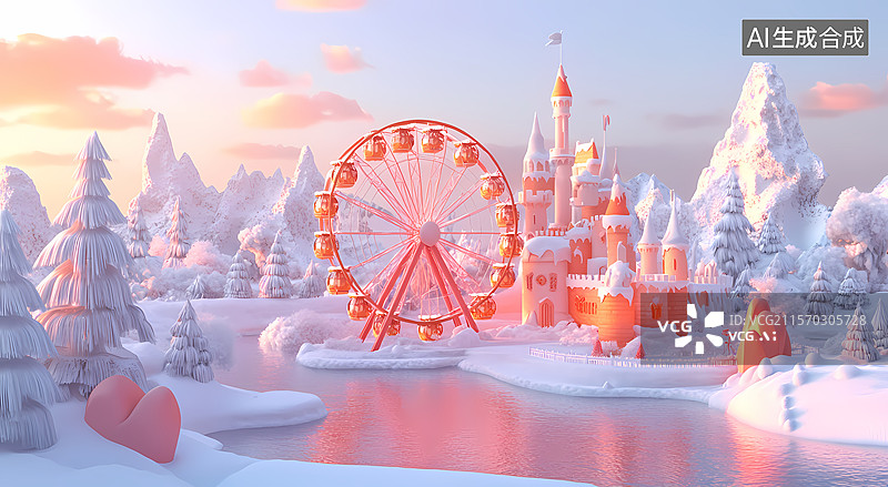 【AI数字艺术】粉色城堡的冰雪奇缘图片素材