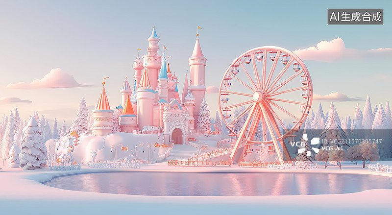 【AI数字艺术】粉色城堡的冰雪奇缘图片素材