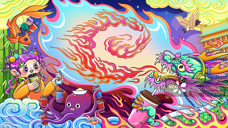 国潮国风喝奶茶神龙咖啡插画图片素材