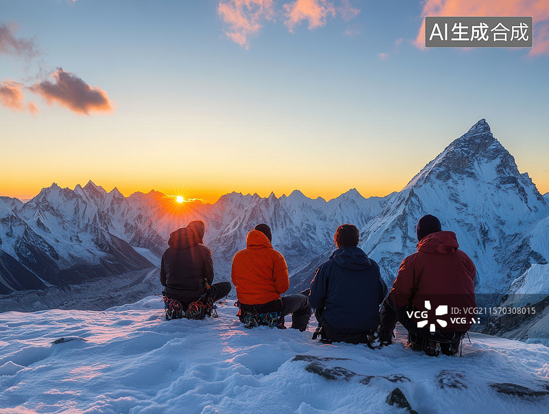 【AI数字艺术】雪山之巅，四人共赏日落图片素材