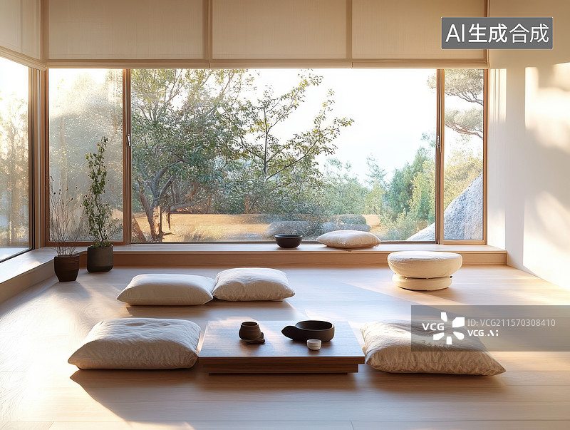 【AI数字艺术】日式榻榻米房间，窗外绿意盎然图片素材