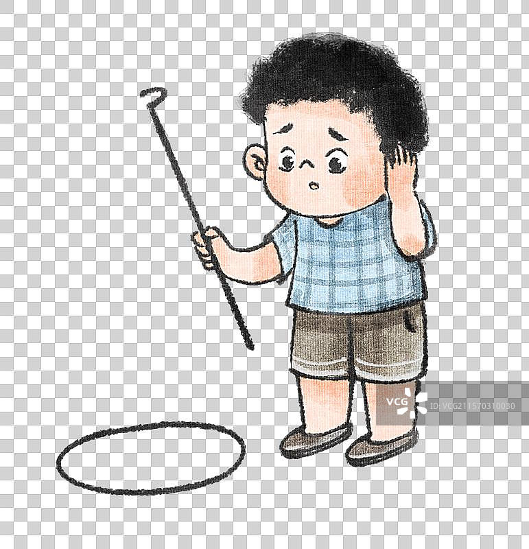 手绘水墨穿蓝衣服男孩玩滚铁环失败免抠元素图片素材