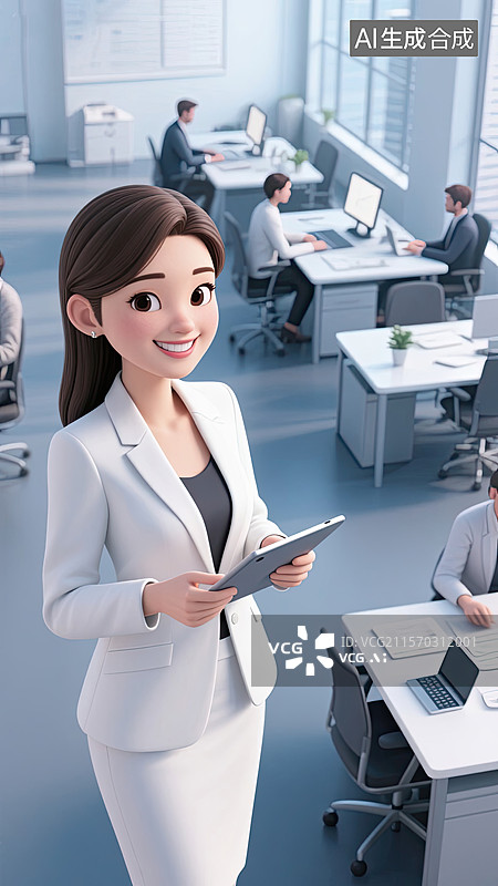 【AI数字艺术】白色西装，职场，女性，微笑，插画图片素材