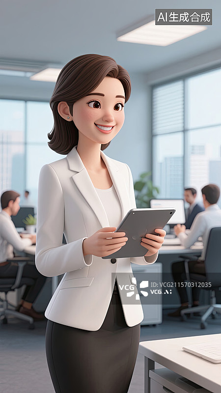 【AI数字艺术】白色西装，职场，女性，微笑，插画图片素材