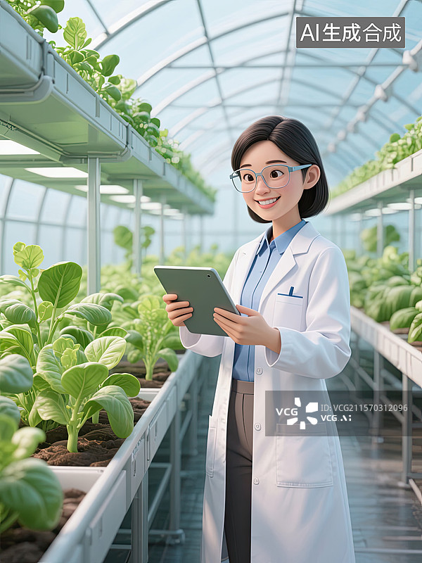 【AI数字艺术】科学家，植物学，温室大棚，科技，插画图片素材
