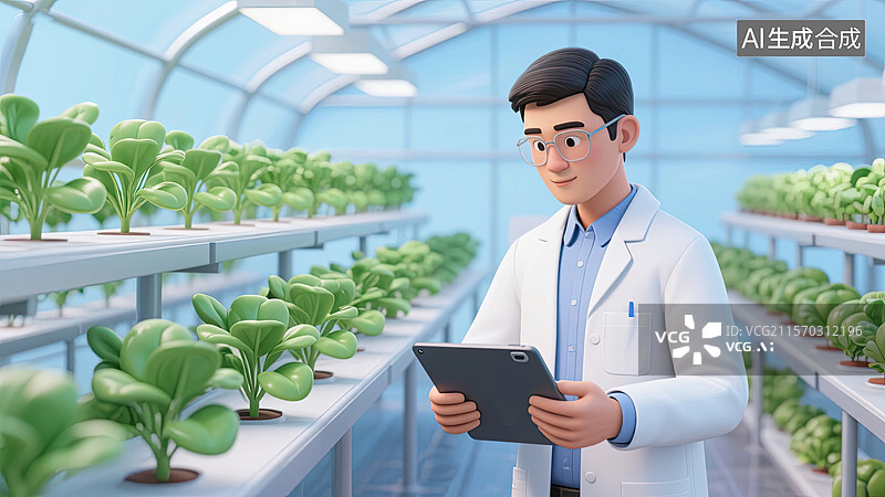 【AI数字艺术】3D，男人，实验员，温室大棚，插画图片素材
