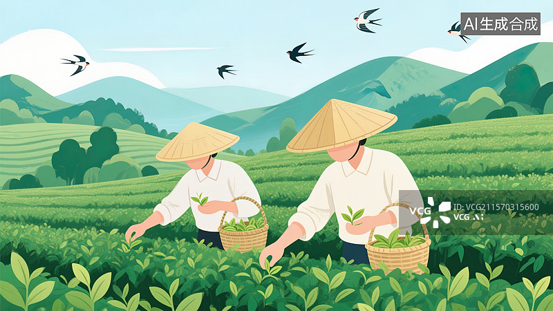 【AI数字艺术】茶园里的采茶女图片素材