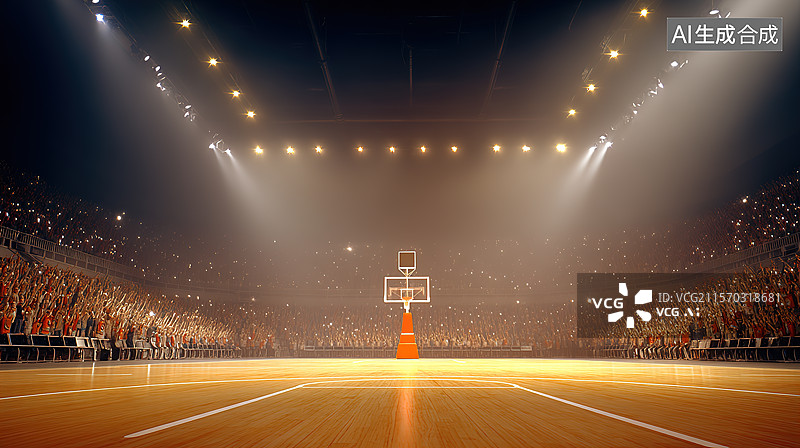 【AI数字艺术】灯光背景下的空旷室内篮球场体育场馆插画图片素材