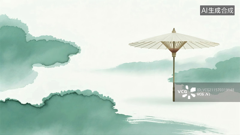 【AI数字艺术】一把油纸伞立于水墨中，意境宁静悠远图片素材