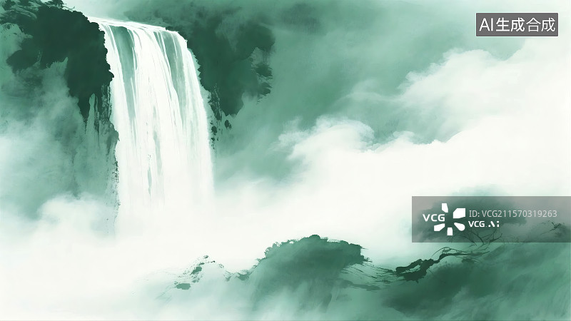 【AI数字艺术】瀑布从高山倾泻而下，周围云雾缭绕，景色壮丽如画图片素材