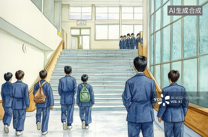 【AI数字艺术】学生在教学楼道楼梯间走廊课间安全教育插画图片素材