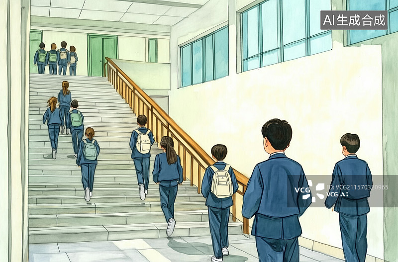 【AI数字艺术】学生在教学楼道楼梯间走廊课间安全教育插画图片素材
