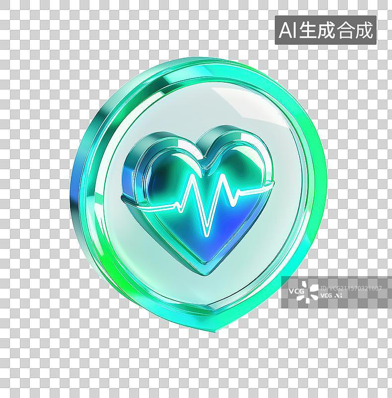 【AI数字艺术】3D三维玻璃材质半透明医疗桃心型心跳心电图元素图片素材