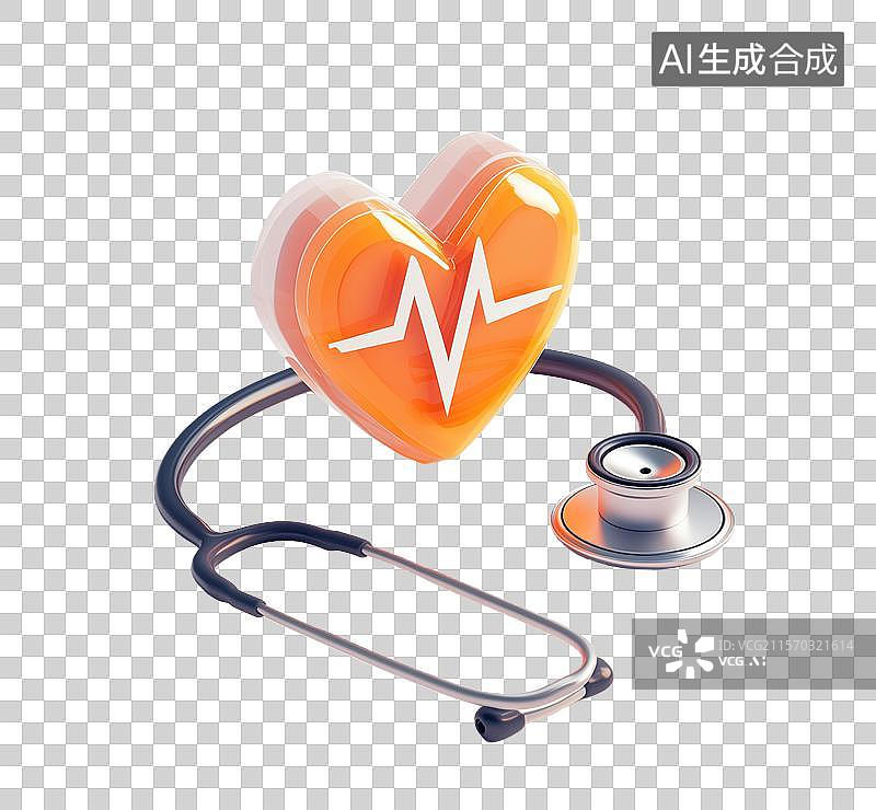 【AI数字艺术】3D三维玻璃材质半透明医疗桃心型心跳心电图元素图片素材