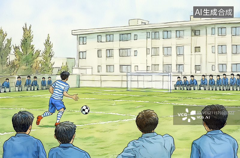 【AI数字艺术】校园操场上踢足球的学生图片素材