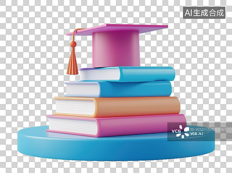 【AI数字艺术】3D三维叠放一沓书籍和学士帽知识在线教育毕业季插画元素图片素材