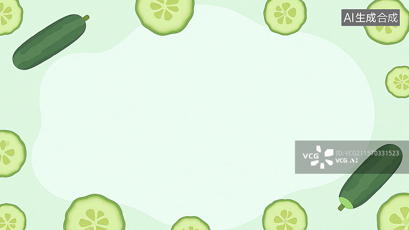 【AI数字艺术】2D卡通淡绿色黄瓜主题扁平插画背景最大图片素材