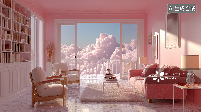 【AI数字艺术】粉色的云朵客厅设计图片素材